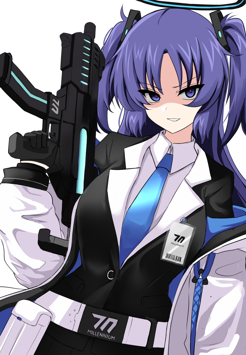 absurdres aikir_(jml5160) belt black_gloves blue_archive blue_necktie breasts collared_shirt commentary empty_eyes evil_smile female gesugao gloves gun halo hand_up highres holding holding_gun holding_weapon id_card jacket jacket_partially_removed large_breasts long_hair long_sleeves looking_at_viewer mechanical_halo millennium_science_school_logo necktie parted_bangs parted_lips partially_shaded_face purple_eyes purple_hair red_pupils shirt sig_mpx simple_background smile solo submachine_gun triangle_hair_ornament two-sided_fabric two-sided_jacket two_side_up upper_body weapon white_background white_shirt yuuka_(blue_archive)