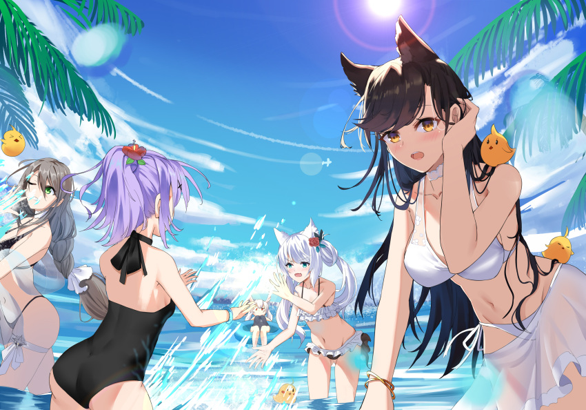 >_< 5girls absurdres adjusting_hair alternate_costume animal_ears aquila_(a_sip_of_sardegnian_elegance)_(azur_lane) ass atago_(azur_lane) atago_(summer_march)_(azur_lane) azur_lane bikini black_bikini black_one-piece_swimsuit blue_eyes blue_innertube blue_sky braid breasts buhualuo choker day extra_ears fake_animal_ears flower frilled_bikini frills green_eyes grey_hair hair_flower hair_ornament hammann_(azur_lane) hammann_(rebellious_summer)_(azur_lane) highleg highleg_bikini highres javelin_(azur_lane) laffey_(azur_lane) large_breasts leaning_forward long_hair looking_at_viewer manjuu_(azur_lane) mole mole_under_eye multiple_girls ocean official_alternate_costume one-piece_swimsuit one_eye_closed outdoors palm_leaf rabbit_ears red_flower red_rose ribbon rose sarong see-through_clothes see-through_sarong side-tie_bikini_bottom single_braid sky splashing summer sun swept_bangs swimsuit very_long_hair wading water water_drop white_bikini white_choker white_ribbon white_sarong