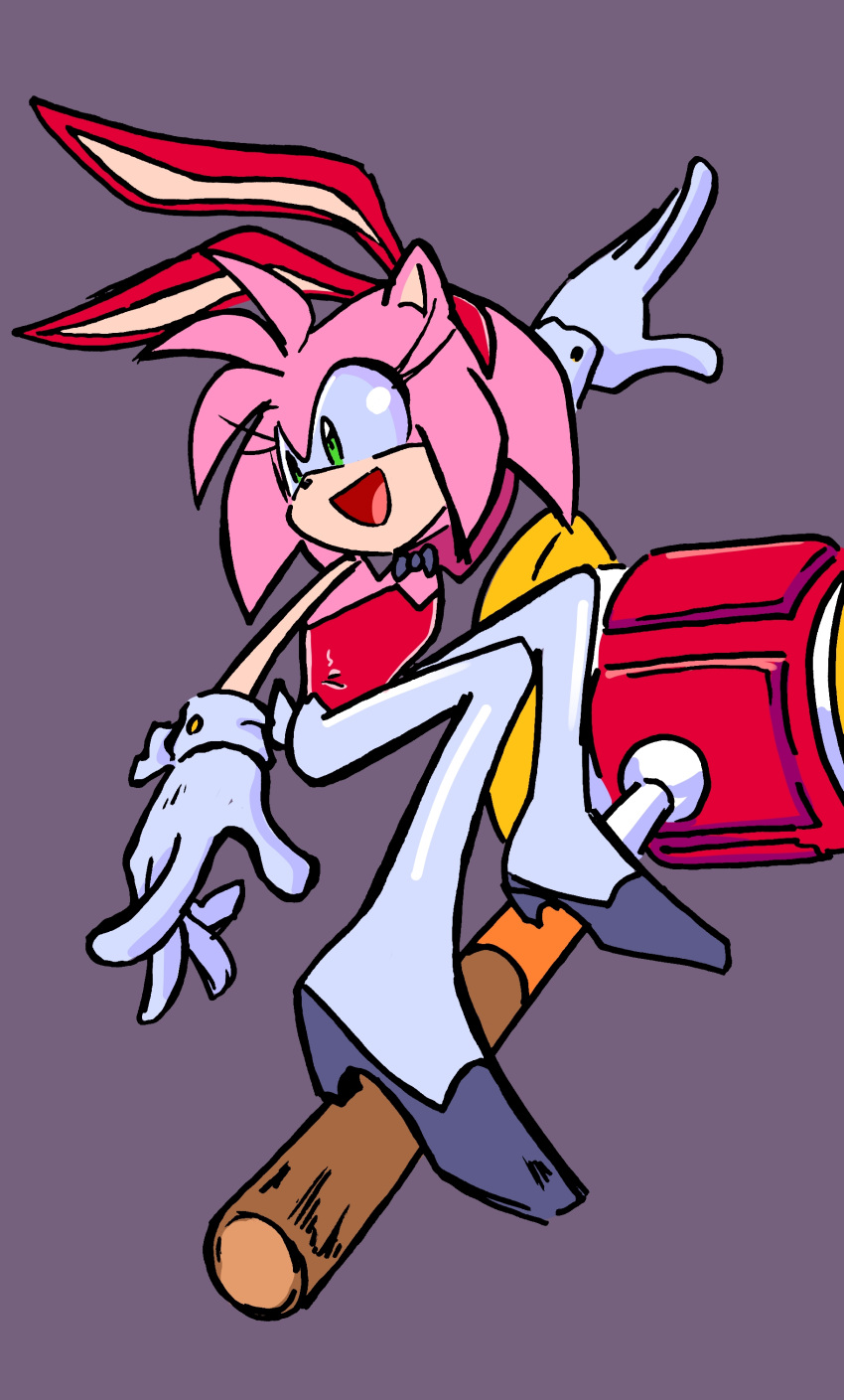 absurd_res amy_rose anthro bow_tie bunny_costume clothing costume eulipotyphlan fake_ears fake_rabbit_ears fake_rabbit_tail fake_tail female floating footwear gloves hammer handwear hedgehog hi_res high_heels looking_aside mammal open_mouth randomguy999 sega shoes simple_background solo sonic_the_hedgehog_(series) standing_on_object tools