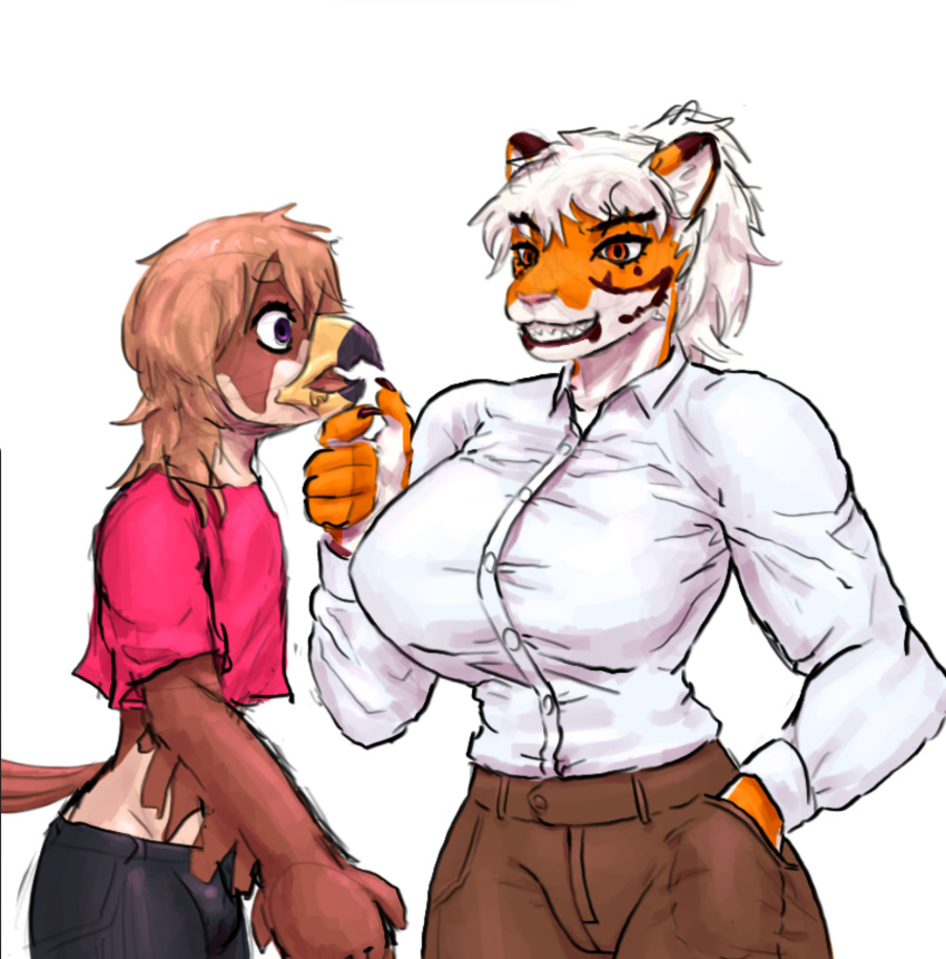 anthro avian big_breasts bird bodily_fluids breasts clothing drooling duo falcon falconid felid female hand_in_pocket hi_res holding_chin male male/female mammal naranja_(shybird) pantherine peregrine_falcon pockets saliva shybird smile tiger tight_clothing tight_topwear topwear torian_(shybird)