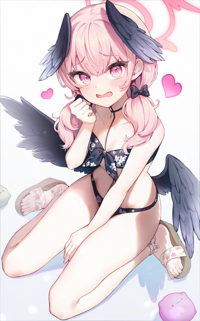 absurdres angel_wings bare_arms bare_legs bare_shoulders bikini black_bikini black_wings blue_archive blush bow breasts feathered_wings female floral_print front-tie_bikini_top front-tie_top hairbow halo head_wings highres koharu_(blue_archive) koharu_(swimsuit)_(blue_archive) long_hair looking_at_viewer low_twintails low_wings mono_(mono_mon) oerba_yun_fang official_alternate_costume open_mouth pink_eyes pink_hair pink_halo print_bikini simple_background sitting small_breasts solo swimsuit twintails water_balloon white_background wings