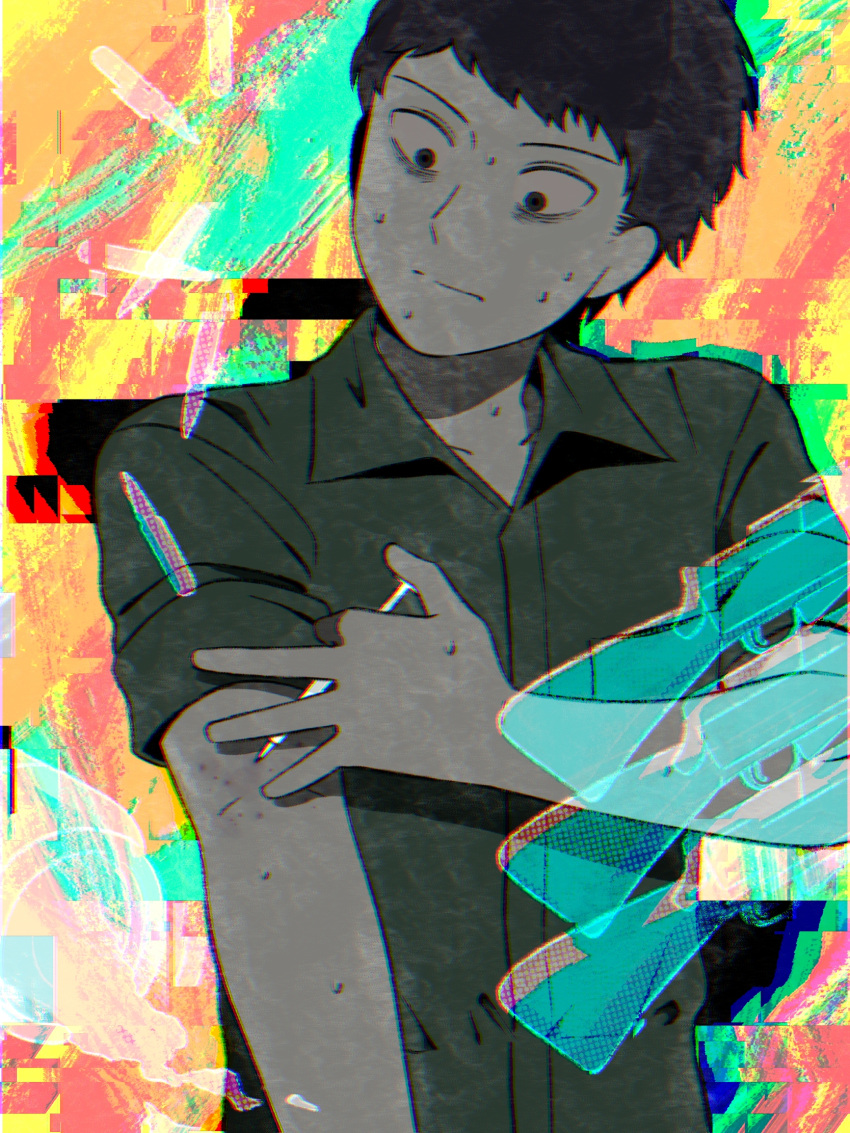 1boy black_eyes black_hair drugs fear_&_hunger fear_&_hunger_2:_termina green_jumpsuit highres holding holding_syringe jumpsuit levi_(fear_&_hunger) looking_at_object male_focus multicolored_background nunoanen sleeves_rolled_up solo sweat syringe upper_body wide-eyed