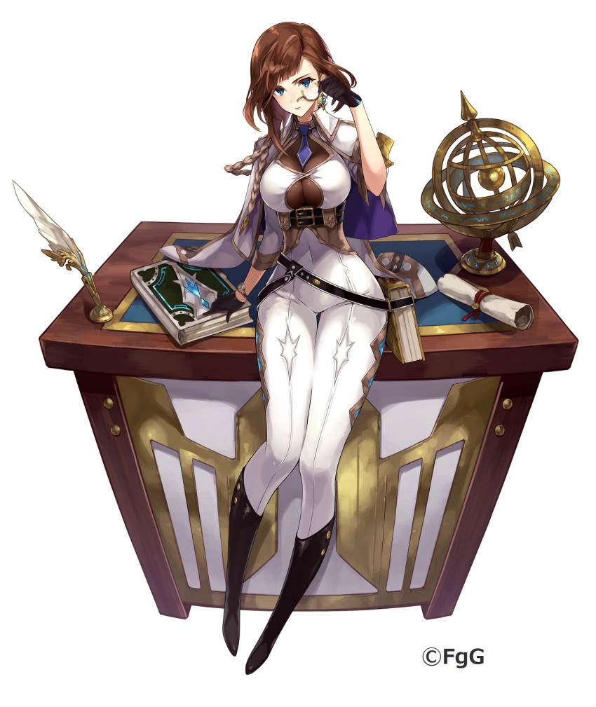 arm_support black_footwear black_gloves blue_eyes blue_necktie book book_holster boots breasts brown_hair cape company_name corset covered_navel desk elbow_sleeve female full_body globe gloves hand_up highres knee_boots large_breasts looking_at_viewer monocle necktie official_art on_desk pants pen quill scroll second-party_source see-through_clothes sheryl_(ta_ga_tame_no_alchemist) short_hair sitting skin_tight solo ta_ga_tame_no_alchemist to_maru watch white_background white_pants wristwatch