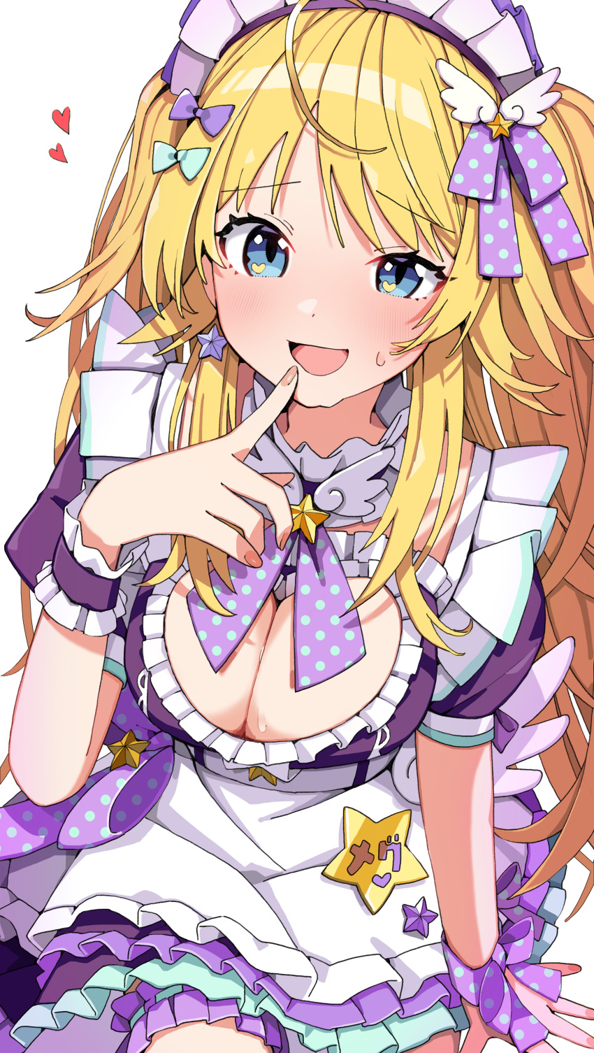 :d absurdres ahoge alternate_costume blonde_hair blush breasts cleavage cleavage_cutout clothing_cutout collar commentary enmaided female frilled_collar frilled_cuffs frills hachimiya_meguru heart highres idolmaster idolmaster_shiny_colors large_breasts maid morumoru_x puffy_short_sleeves puffy_sleeves short_sleeves simple_background smile solo sweatdrop white_background