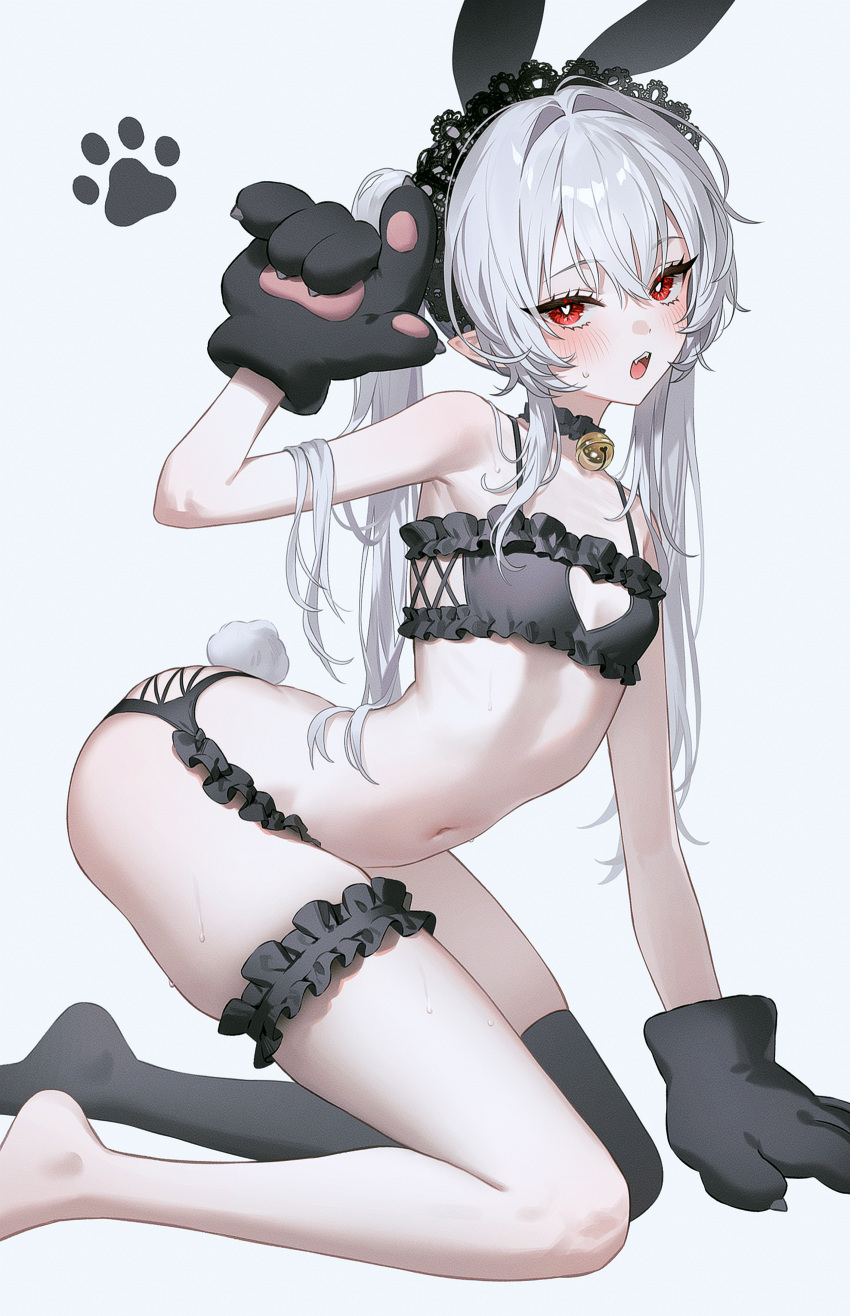 absurdres animal_ears animal_hands black_bra black_headdress black_panties black_thighhighs blush bra breasts cleavage_cutout clothing_cutout commentary fake_animal_ears fake_tail female frilled_bra frilled_panties frilled_thigh_strap frills fymrie gloves grey_hair hair_intakes hand_up heart_cutout highres lace-trimmed_headwear lace_trim long_hair looking_at_viewer navel open_mouth original panties paw_gloves paw_print rabbit_ears rabbit_tail red_eyes simple_background single_thighhigh small_breasts solo stomach tail thighhighs twintails underwear white_background