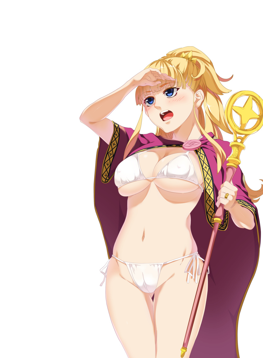 :o absurdres arm_up beach bikini blonde_hair blue_eyes blunt_bangs blush breasts cameltoe cape cleavage commentary_request covered_nipples cowboy_shot female gaston18 groin high_ponytail highres holding holding_weapon jewelry kekkon_yubiwa_monogatari large_breasts long_hair looking_afar navel nonaka_himeno open_mouth ponytail ring shading_eyes side-tie_bikini_bottom sidelocks skindentation solo staff standing strap_gap string_bikini swimsuit thigh_gap thighs transparent_background underboob weapon white_bikini