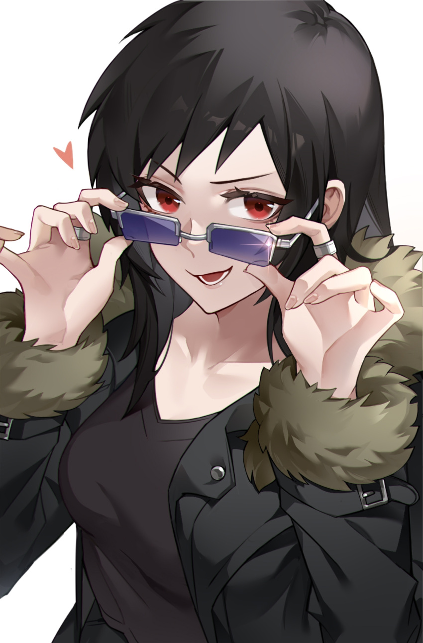 adjusting_eyewear black_hair black_jacket black_shirt breasts collarbone commentary_request durarara!! eyelashes female from_above fur-trimmed_jacket fur-trimmed_sleeves fur_trim genderswap_(mtf) heart highres jacket long_hair long_sleeves looking_at_viewer open_clothes open_jacket open_mouth orihara_izaya red_eyes rule_63 sanjiao shirt smile solo sunglasses upper_body white_background