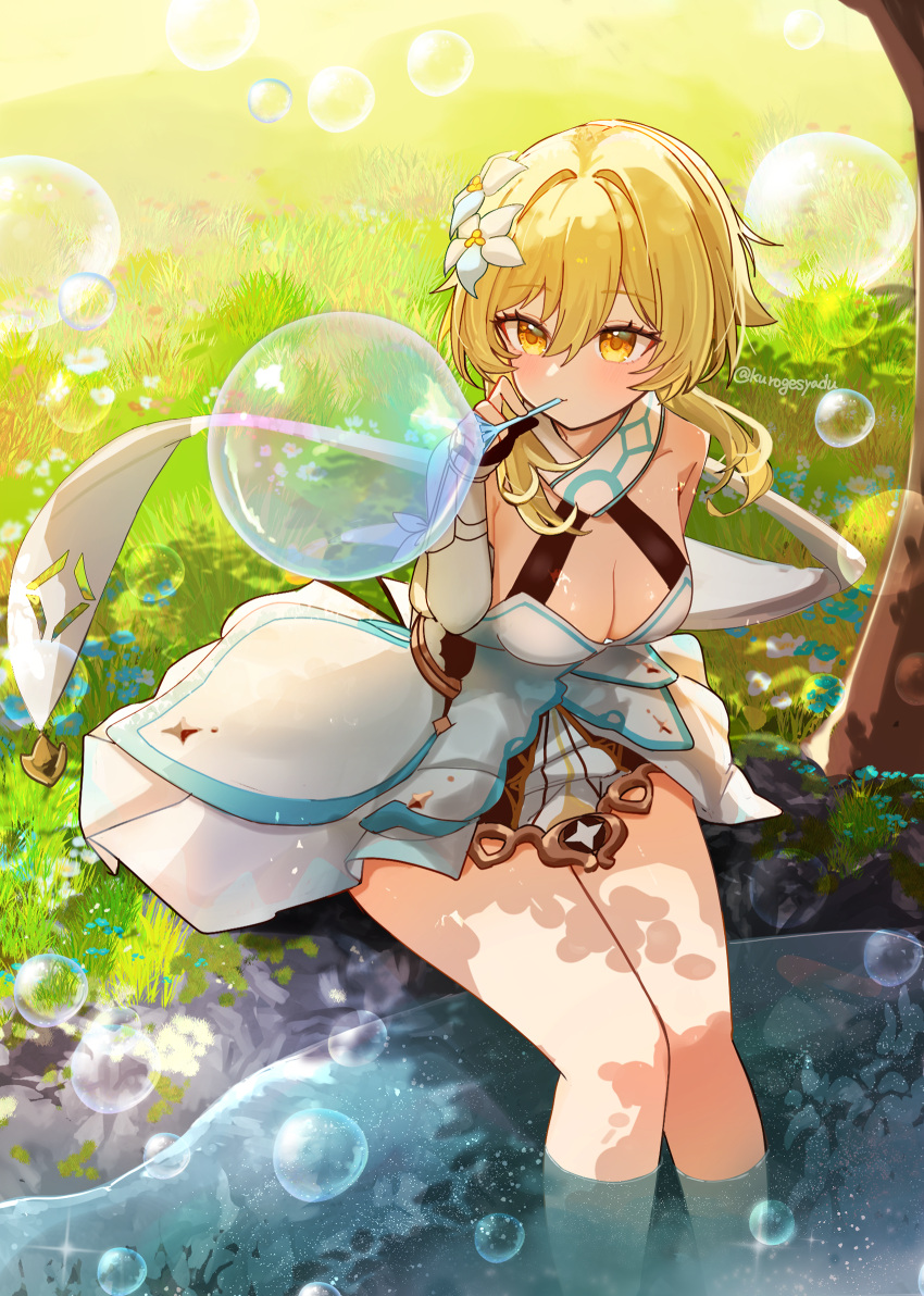 blonde_hair blowing_bubbles breasts bubble_pipe cleavage commission detached_sleeves dress female flower genshin_impact gloves grass hair_between_eyes hair_flower hair_ornament highres kuromu_shado large_breasts looking_ahead lumine_(genshin_impact) on_grass partially_fingerless_gloves pixiv_commission scarf short_hair_with_long_locks sitting soaking_feet soap_bubbles solo white_dress white_flower white_scarf yellow_eyes