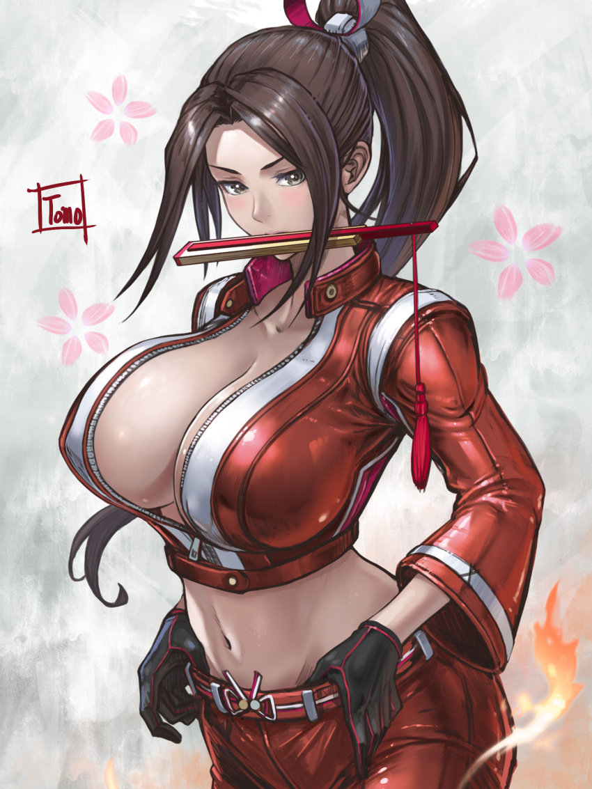 absurdres artist_name belt black_gloves breast_zipper breasts brown_hair cleavage commentary covered_nipples cowboy_shot crop_top cropped_jacket fatal_fury fatal_fury:_city_of_the_wolves female folded_fan folding_fan gloves grey_eyes hand_fan high_ponytail highres holding holding_fan jumpsuit large_breasts leather leather_pants navel no_bra pants ponytail red_belt red_jumpsuit shiranui_mai sidelocks solo tomo_eokaiteru wide_sleeves zipper zipper_pull_tab