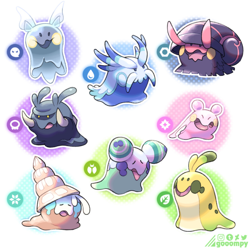 1:1 ambiguous_gender black_body fakemon feral gastropod generation_6_pokemon goomy gooompy green-banded_broodsac legless mollusk nintendo open_mouth open_smile pink_body pokemon pokemon_(species) shell slug smile yellow_body