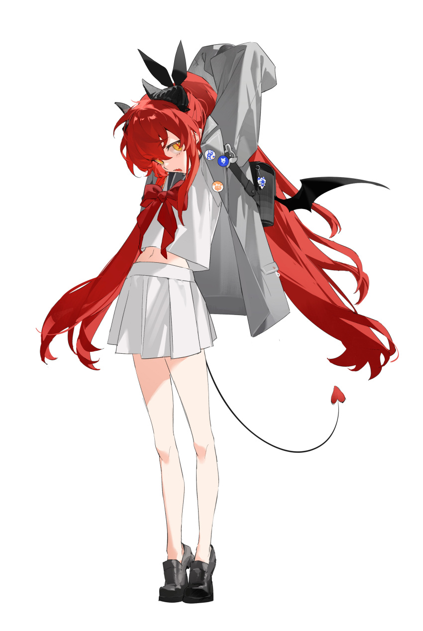 absurdres animal_ears arms_up backpack badge bag black_footwear bow bowtie button_badge demon_tail female full_body grey_jacket highres horns jacket loafers long_hair looking_at_viewer navel oerba_yun_fang open_mouth original red_hair sailor_collar school_uniform shirt shoes simple_background skirt smile solo stretching tail tiptoes twiii_ye white_background white_shirt white_skirt winged_bag yellow_eyes