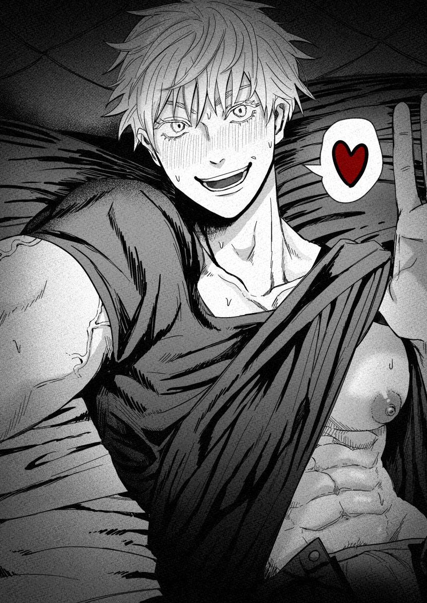 1boy abs absurdres bara bare_pectorals blush clothes_lift gojou_satoru goron_tkbprpr greyscale heart highres jujutsu_kaisen large_pectorals looking_at_viewer male_focus male_underwear male_underwear_peek monochrome muscular muscular_male navel nipples open_mouth open_pants pants pectorals shirt shirt_lift smile solo underwear