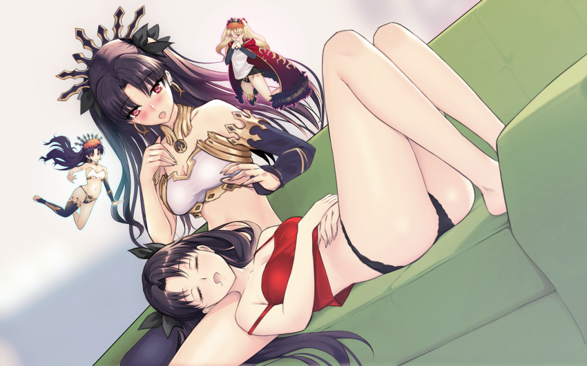 4girls armlet ass black_hair black_panties black_ribbon blonde_hair breasts camisole commission detached_sleeves dynamitenatalia earrings emiya_shirou ereshkigal_(fate) fate/grand_order fate/stay_night fate_(series) genderswap_(mtf) hair_ribbon highres hoop_earrings ishtar_(fate) jewelry long_hair lying medium_breasts mixed-language_commentary multiple_girls navel neck_ring on_back panties parted_bangs red_camisole red_eyes ribbon rule_63 single_detached_sleeve single_thighhigh sleeping thighhighs tiara tohsaka_rin two_side_up underwear