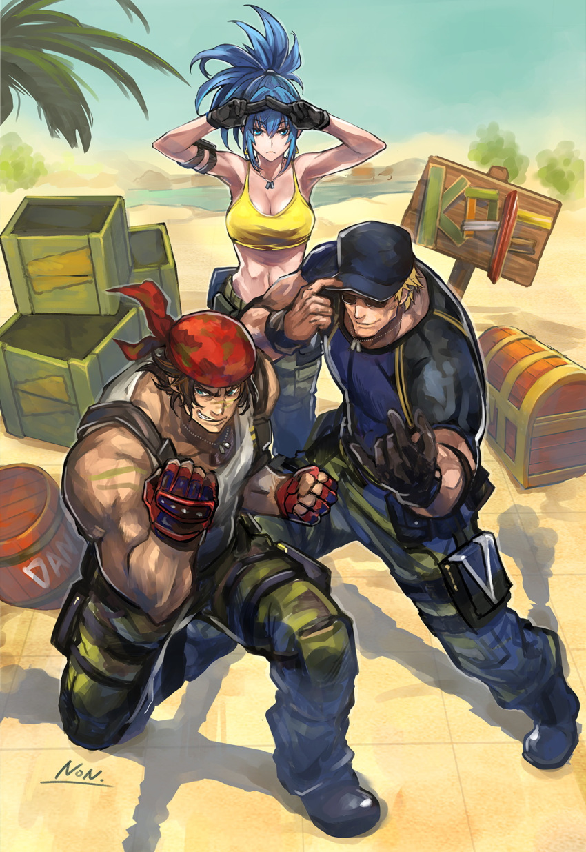 2boys armlet bandana bare_shoulders baseball_cap black_hair blonde_hair blue_eyes blue_hair breasts camouflage camouflage_pants clark_still commentary_request crop_top desert dog_tags dynamite earrings explosive female fingerless_gloves gloves hat highres ikari_warriors jewelry kujou_non large_breasts leona_heidern military military_uniform multicolored_clothes multicolored_shirt multiple_boys muscular muscular_male palm_tree pants ralf_jones revision shirt shoes sign signature sleeveless snk stage sunglasses tank_top the_king_of_fighters the_king_of_fighters_xv treasure_chest tree white_shirt wooden_box yellow_tank_top