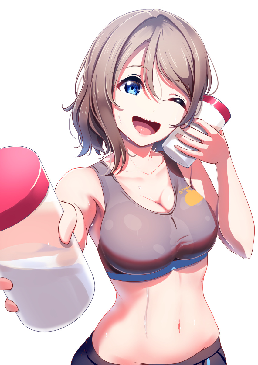 ;d absurdres amagi_(volfuji) blue_eyes bottle bottle_to_cheek breasts brown_hair cleavage commentary_request female grey_pants grey_sports_bra highres holding holding_bottle incoming_drink looking_at_viewer love_live! love_live!_sunshine!! medium_breasts navel one_eye_closed open_mouth pants short_hair simple_background smile solo sports_bra stomach sweat teeth upper_body upper_teeth_only watanabe_you white_background