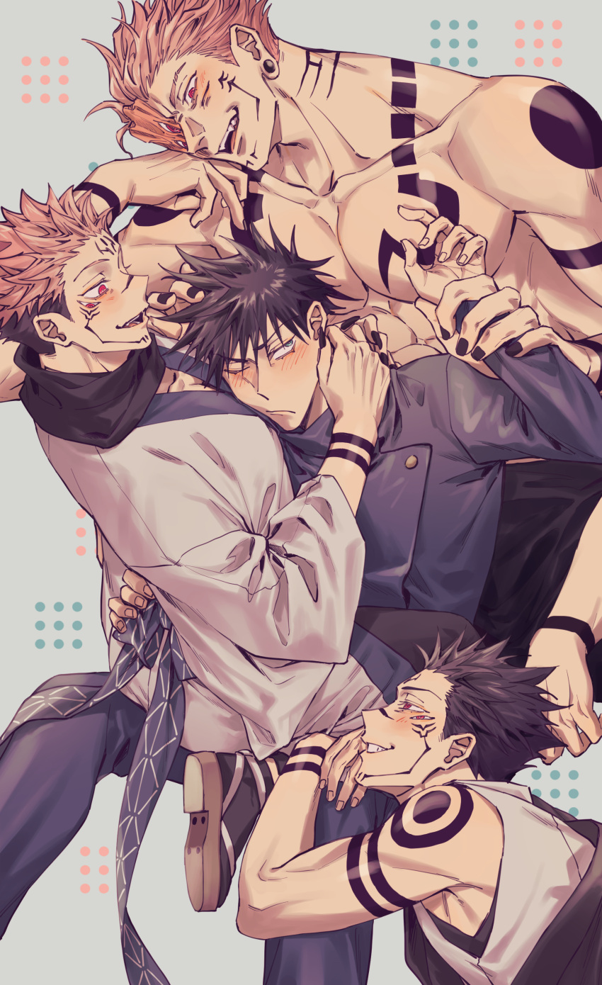 4boys abs absurdres arm_tattoo azukiharuta_ju black_hair black_jacket black_nails black_scarf blush chest_tattoo commentary_request extra_arms extra_eyes facial_tattoo fushiguro_megumi green_eyes grin height_difference highres holding_another's_wrist jacket japanese_clothes jujutsu_kaisen kimono leg_tattoo long_sleeves looking_at_another male_focus male_harem multiple_boys multiple_persona muscular muscular_male one_eye_closed pants pectorals red_eyes ryoumen_sukuna_(jujutsu_kaisen) sandals scarf school_uniform short_hair shoulder_tattoo sitting sitting_on_person size_difference smile smirk spiked_hair tattoo topless_male white_kimono wide_sleeves yaoi