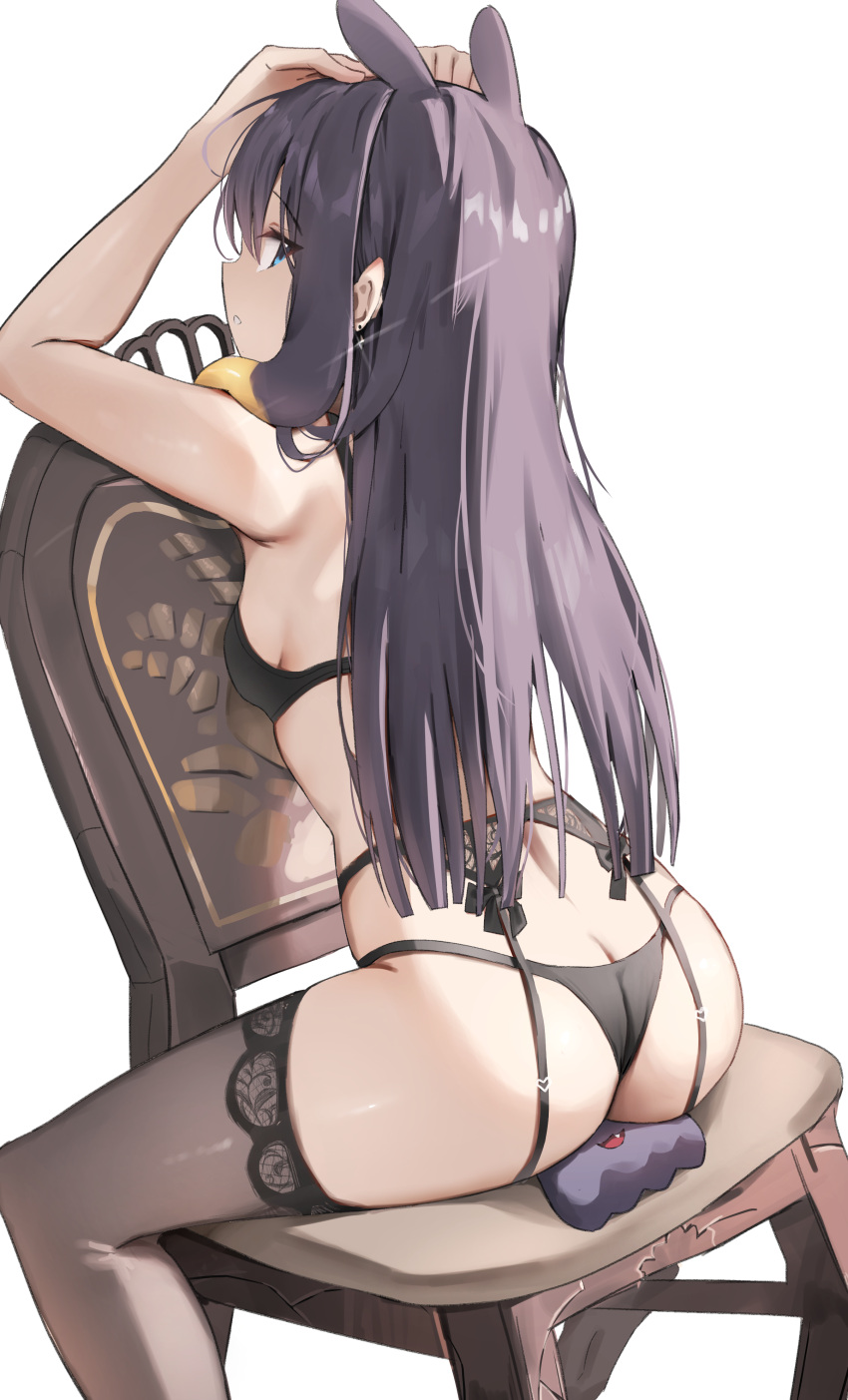 absurdres ass bra breasts butt_crack chair female hair_flaps highres hololive hololive_english lingerie ninomae_ina'nis on_chair panties purple_hair scarlet_(wv0102) sideboob simple_background sitting_on_face small_breasts solo takodachi_(ninomae_ina'nis) tentacle_hair thong underwear underwear_only virtual_youtuber white_background