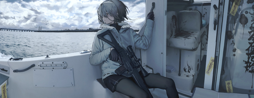 absurdres assault_rifle blood blood_splatter boat boat_interior coat commentary_request female gloves gun hairband highres holding holding_gun holding_weapon ocean on_boat original pantyhose rifle scope seallllion sig_sauer sig_sg550 skirt solo talisman water watercraft weapon winter_clothes winter_coat