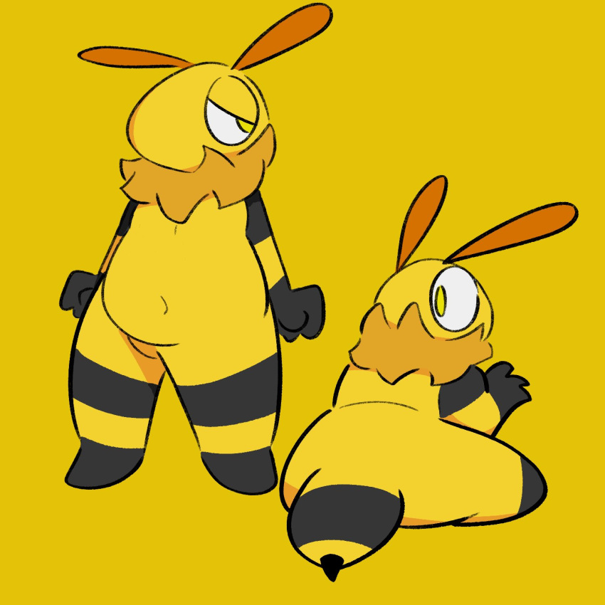 1:1 2024 4_fingers antennae_(anatomy) anthro arthropod arthropod_abdomen bee belly belly_overhang big_eyes black_body cel_shading crispycreamxd digital_media_(artwork) featureless_crotch featureless_feet feet fingers hi_res hymenopteran insects lidded_eyes looking_at_viewer looking_back looking_back_at_viewer male mouthless multicolored_body multiple_images navel no_pupils nude overweight overweight_anthro overweight_male ruff shaded sitting solo standing stinger thick_thighs two_tone_body yellow_body yellow_eyes