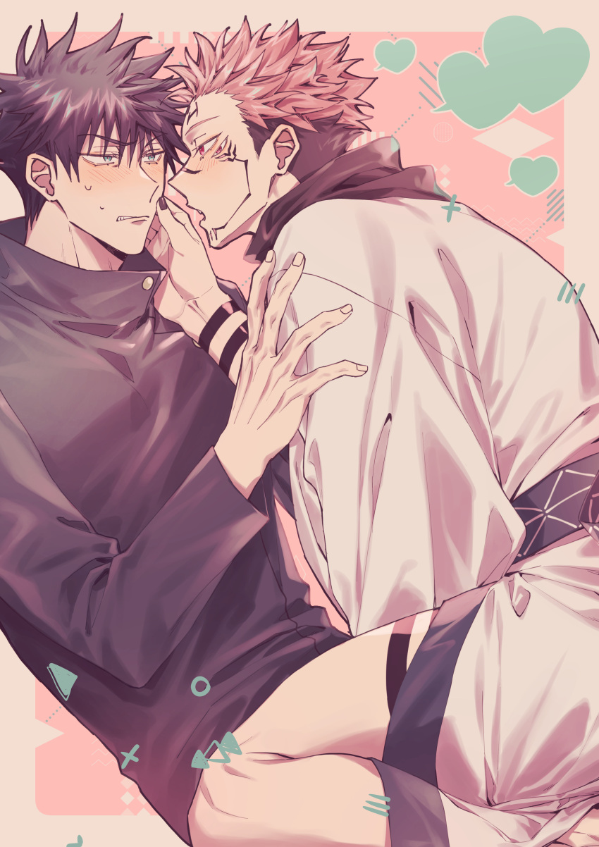 2boys absurdres arm_tattoo azukiharuta_ju black_hair black_jacket black_nails blush extra_eyes facial_tattoo fushiguro_megumi hand_on_another's_cheek hand_on_another's_face heart high_collar highres jacket japanese_clothes jujutsu_kaisen kimono leg_tattoo long_sleeves looking_at_another male_focus multiple_boys open_mouth pink_hair ryoumen_sukuna_(jujutsu_kaisen) scarf school_uniform short_hair spoken_heart sweatdrop tattoo teeth thighs white_kimono wide_sleeves yaoi