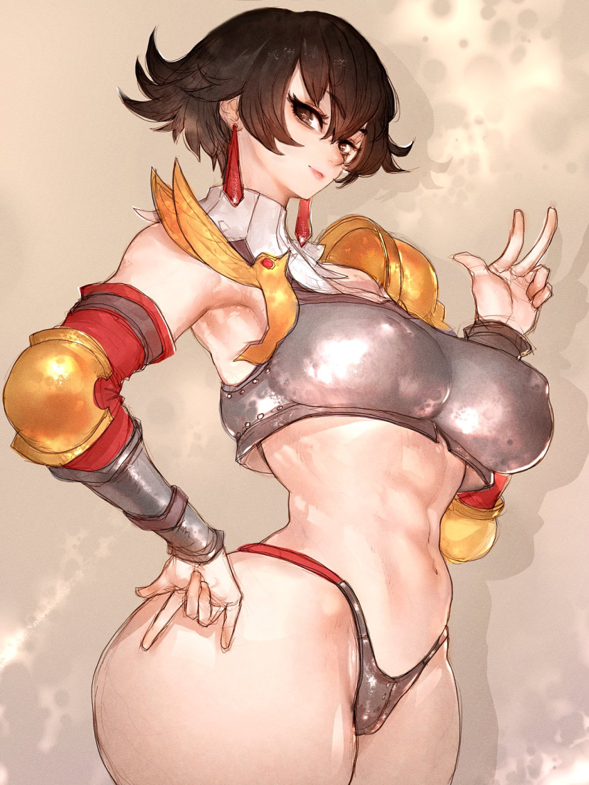 adapted_costume alternate_costume armor armpits bikini_armor black_hair blush breastplate breasts brown_eyes brown_hair covered_nipples earrings female fiorayne_(monster_hunter) floating_earring fumio_(rsqkr) gauntlets gold_armor hair_between_eyes hand_on_own_hip highres jewelry large_breasts looking_at_viewer monster_hunter_(series) monster_hunter_rise pauldrons short_hair shoulder_armor simple_background smile solo thighs wide_hips