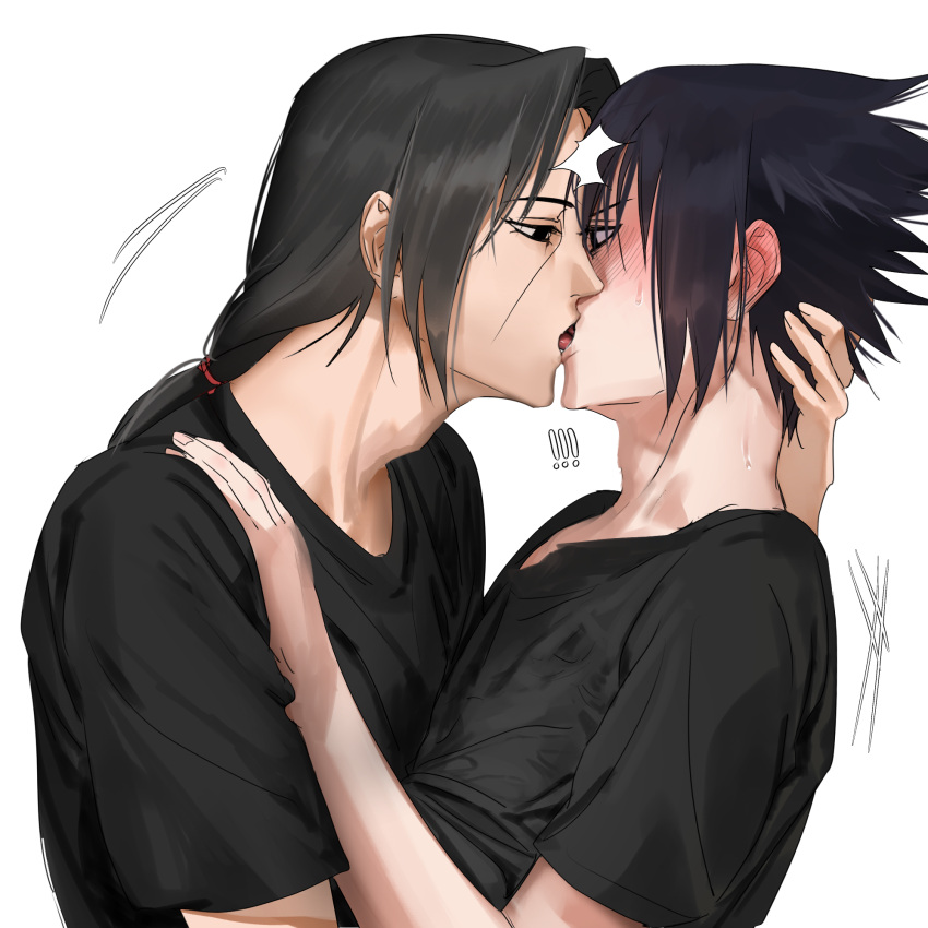 ! !! 2boys black_eyes black_hair black_shirt blush denggu_5 french_kiss hair_between_eyes highres incest kissing long_hair male_focus multiple_boys naruto naruto_(series) ponytail shirt short_hair t-shirt tongue tongue_out uchiha_itachi uchiha_sasuke yaoi