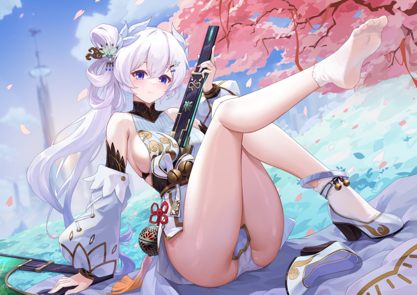 absurdres ass bare_shoulders barefoot blue_eyes breasts closed_mouth detached_sleeves dress feet female flower hair_between_eyes hair_flower hair_ornament hair_rings high_heels highres holding holding_weapon large_breasts lazgear long_hair looking_at_viewer ocean outdoors petals shuangyaji sideboob sitting sky sleeveless socks solo sword thighs tower_of_fantasy weapon white_hair white_socks