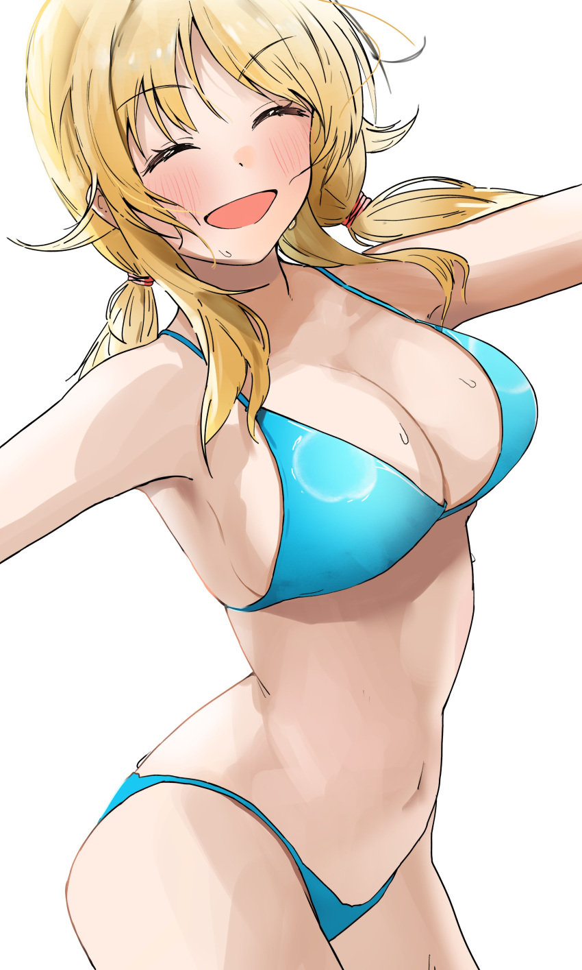 ^_^ absurdres bare_shoulders bikini blonde_hair blue_bikini blush breasts cleavage closed_eyes collarbone cowboy_shot dot_nose female from_side hachimiya_meguru hair_tie highres idolmaster idolmaster_shiny_colors large_breasts long_hair low_twintails navel open_mouth outstretched_arms pdal_(pdalhhh) simple_background smile solo standing swimsuit twintails wet white_background