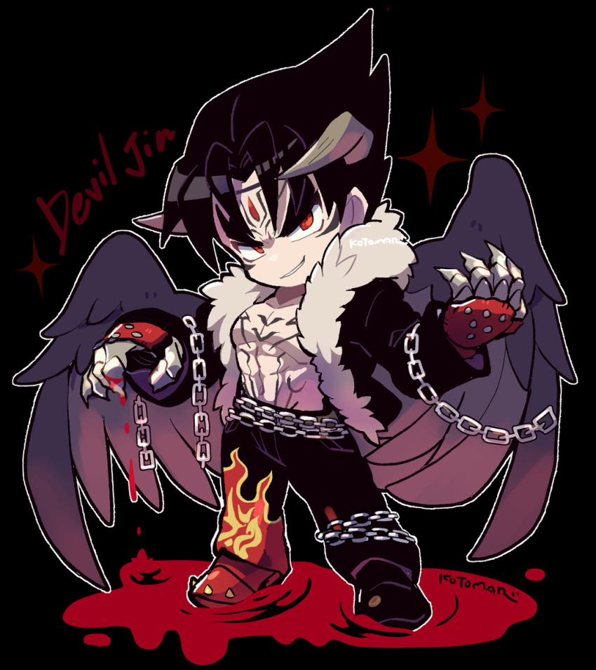 1boy abs bare_pectorals black_hair black_pants black_wings blood blood_on_hands chains character_name chest_tattoo claws deformed devil_jin dripping_blood facial_mark fingerless_gloves flame_print forehead_jewel full_body fur-trimmed_jacket fur_trim gloves grey_horns highres horns jacket kazama_jin kotorai long_sleeves looking_at_viewer male_focus no_nose open_clothes open_jacket orange_eyes pants pectorals pool_of_blood solo sparkle standing studded_gloves tattoo tekken tekken_8 thick_eyebrows v-shaped_eyebrows wings