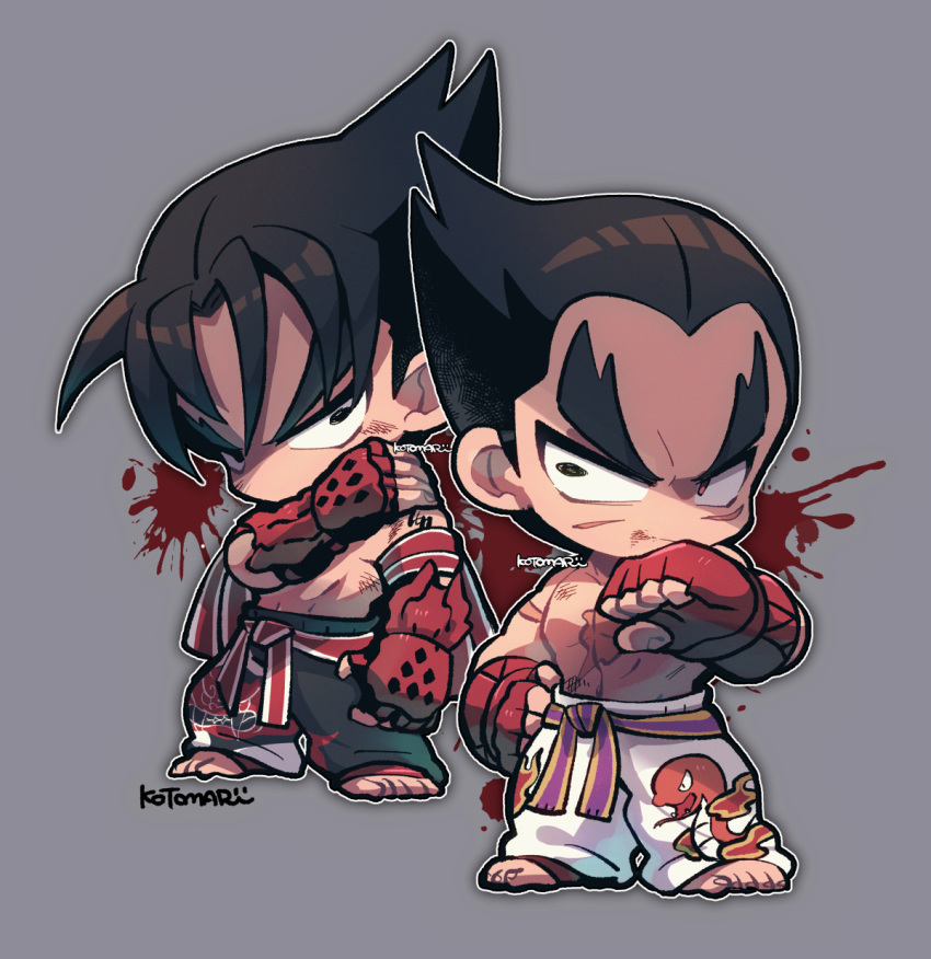 belt black_hair black_pants blood blood_splatter chibi fingerless_gloves full_body gloves grey_background hand_on_own_shoulder highres injury kazama_jin kotorai male_focus martial_arts_belt mishima_kazuya pants purple_belt red_belt red_gloves scar scar_on_arm scar_on_chest short_hair signature simple_background studded_gloves tekken thick_eyebrows topless_male v-shaped_eyebrows white_pants wiping_blood