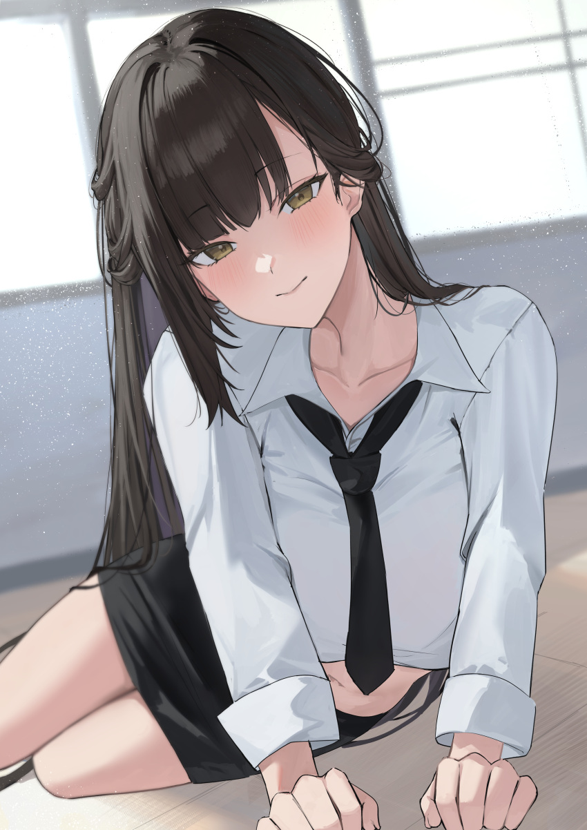 absurdres arm_support bad_anatomy black_hair black_necktie black_skirt blush breasts brown_eyes closed_mouth collarbone collared_shirt commentary female goddess_of_victory:_nikke highres indoors large_breasts long_hair long_sleeves looking_at_viewer marciana_(nikke) marciana_(school_days)_(nikke) miniskirt necktie official_alternate_costume ref_(pmxt4483) shirt skirt smile solo thighs