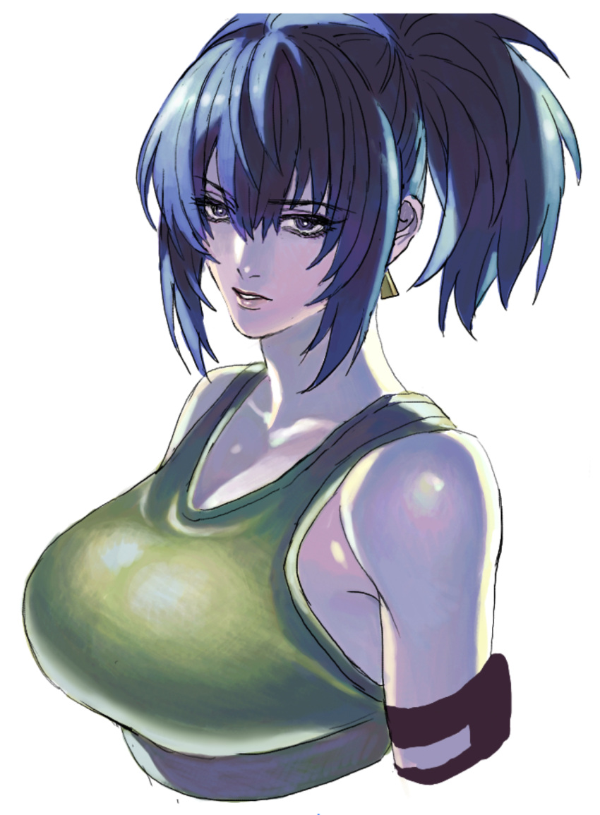 arm_pouch bare_shoulders blue_eyes blue_hair breasts crop_top earrings female highres jewelry leona_heidern nobita_(makoto7060355) ponytail simple_background sleeveless soldier solo tank_top the_king_of_fighters the_king_of_fighters_xv triangle_earrings white_background yellow_tank_top