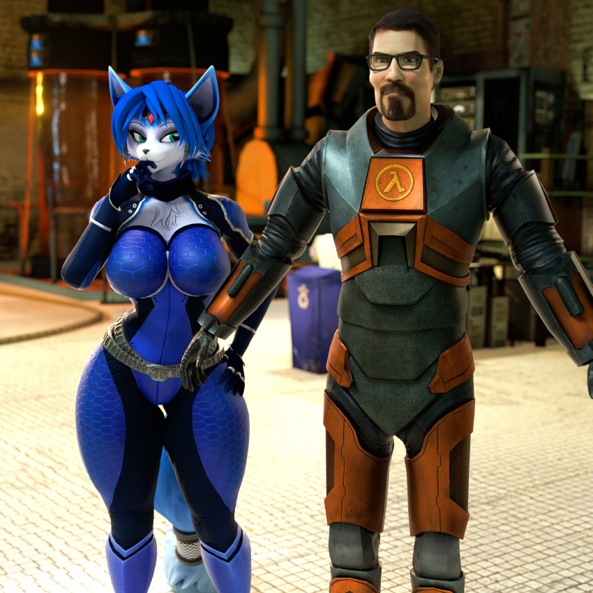 1:1 3d_(artwork) absurd_res anthro biped canid canine charmed digital_media_(artwork) duo female fox gordon_freeman half-life hand_on_hip hev_suit hi_res human krystal_(star_fox) lambda male male/female mammal nearlyepoint nintendo star_fox t-pose valve