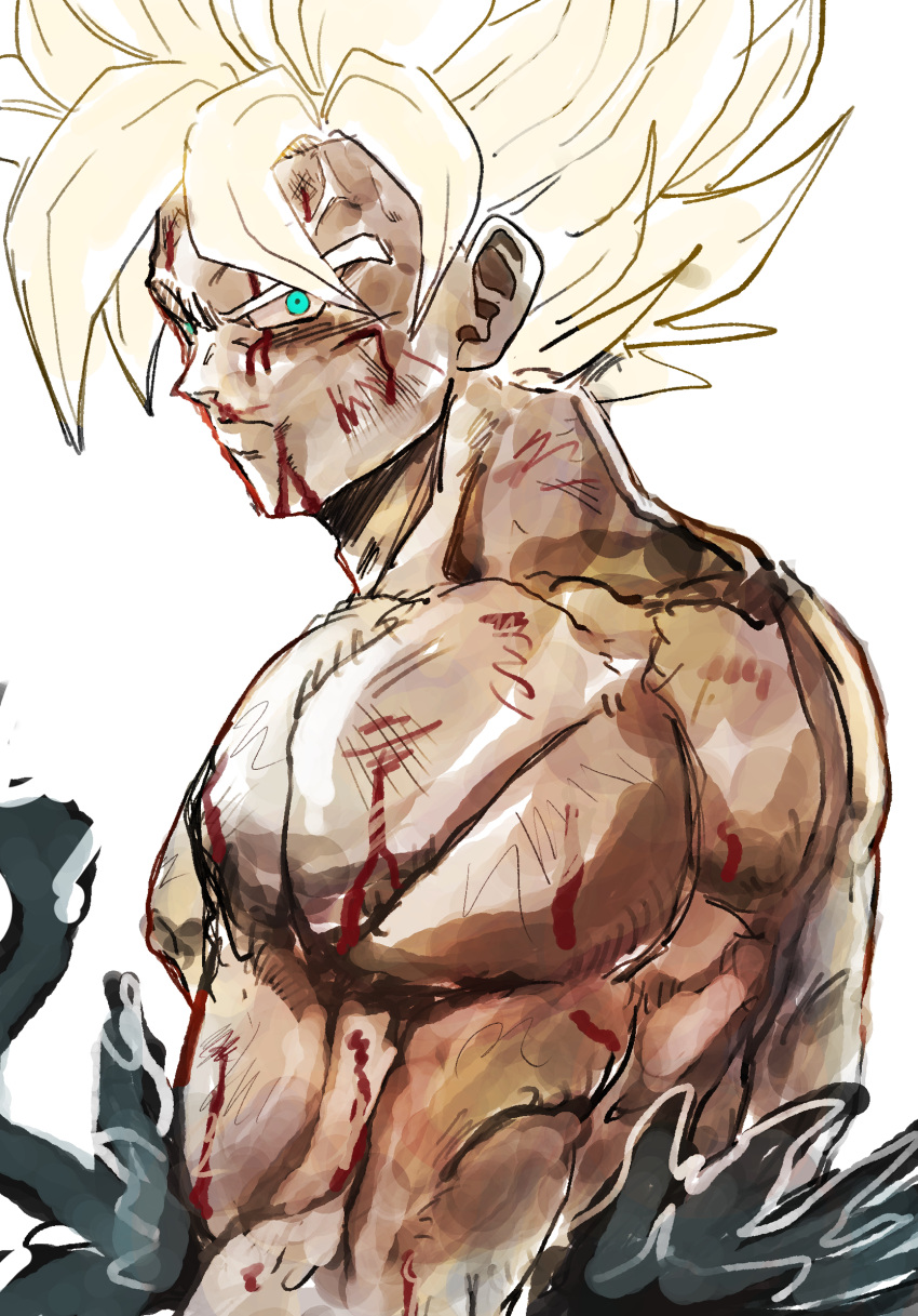 1boy 9302w_(user_wjpg8475) blonde_hair blood blood_on_arm blood_on_face dragon_ball dragon_ball_z green_eyes highres injury looking_at_viewer male_focus muscular muscular_male nosebleed scratches solo son_goku spiked_hair super_saiyan super_saiyan_1 topless_male torn_clothes upper_body v-shaped_eyebrows veins