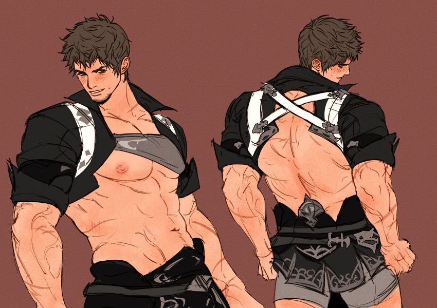 1boy abs absurdres ardbert_hylfyst back bara bare_pectorals blush brown_background brown_hair doong_24 facial_hair final_fantasy final_fantasy_xiv grey_male_underwear highres large_pectorals male_focus male_underwear muscular muscular_male navel nipples pectorals short_hair simple_background smile underwear