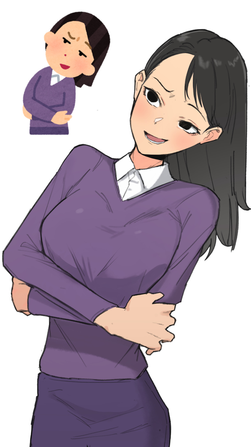 absurdres amepa_(ame_pinecandy) black_hair breasts brown_eyes brown_hair crossed_arms dress_shirt female highres irasutoya irasutoya_challenge large_breasts leaning_to_the_side purple_skirt purple_vest shirt skirt smile smirk smug solo sweater v-neck vest