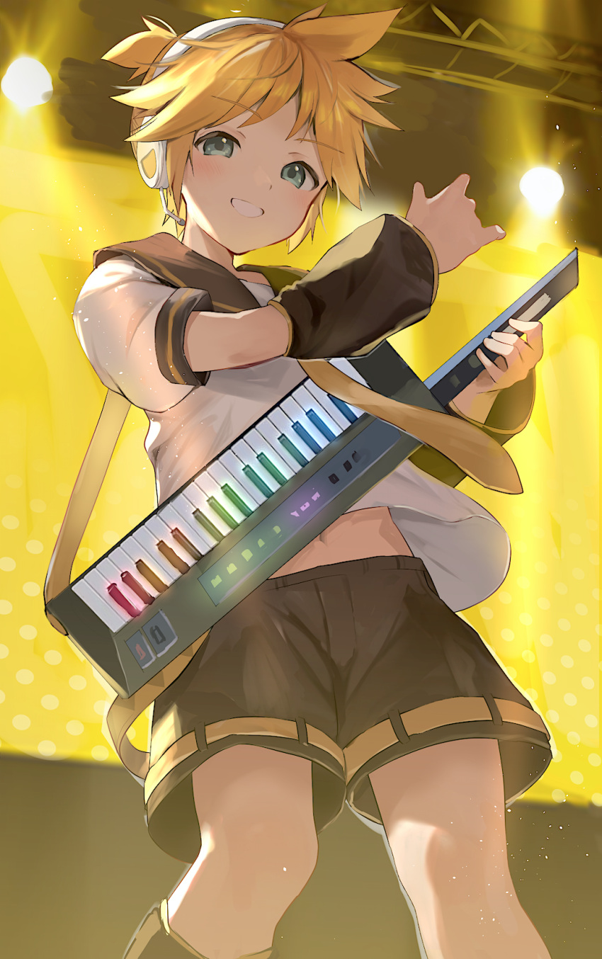 1boy aqua_eyes bad_id bad_twitter_id black_shorts blonde_hair cocolo_(co_co_lo) commentary cowboy_shot from_below headphones highres holding holding_instrument inactive_account indoors instrument kagamine_len keytar looking_at_viewer male_focus midriff_peek necktie rainbow short_hair short_ponytail shorts smile solo spotlight stage standing truss vocaloid yellow_necktie yellow_theme