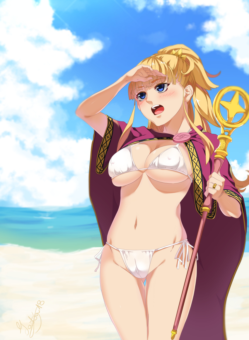 :o absurdres arm_up beach bikini blonde_hair blue_eyes blunt_bangs blush breasts cameltoe cape cleavage cloud commentary_request covered_nipples cowboy_shot day female gaston18 groin high_ponytail highres holding holding_weapon jewelry kekkon_yubiwa_monogatari large_breasts long_hair looking_afar navel nonaka_himeno ocean open_mouth outdoors ponytail ring shading_eyes side-tie_bikini_bottom sidelocks skindentation sky solo staff standing strap_gap string_bikini swimsuit tan thigh_gap thighs underboob water weapon white_bikini