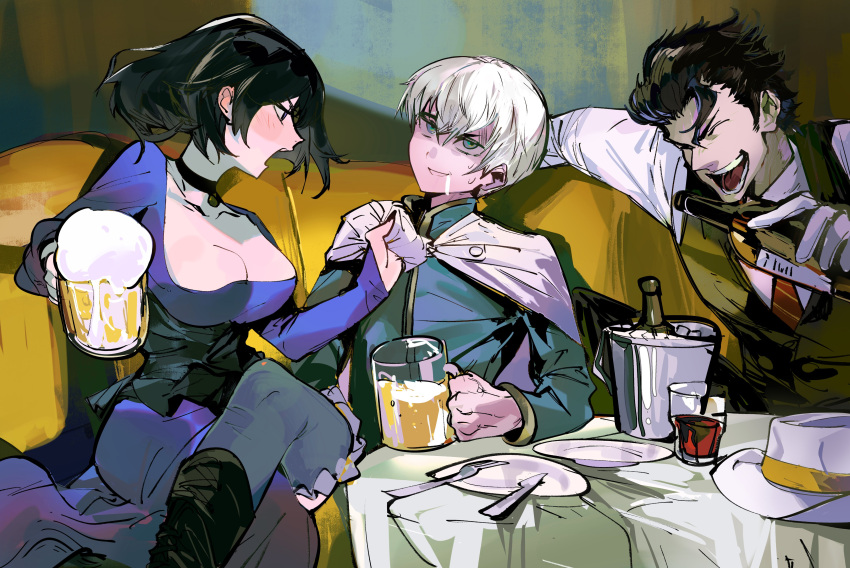 2boys absurdres alcohol beer_mug black_choker black_hair blush bottle breasts choker cleavage closed_eyes clothes_grab clothes_pull collarbone cup dress drooling drunk female ghooost gloves hair_slicked_back hashtag-only_commentary highres holding holding_bottle ice_bucket laughing long_sleeves medium_breasts mouth_drool mug multiple_boys octopath_traveler octopath_traveler_ii open_mouth partitio_yellowil plate pouring profile shaded_face shirt short_hair sitting smile table tablecloth temenos_mistral throne_anguis vest white_hair