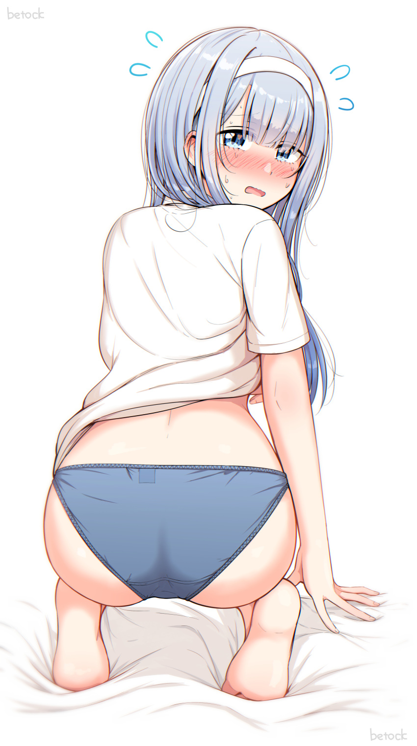 absurdres artist_name ass barefoot betock blue_eyes blue_panties blush commentary_request female hairband heart_in highres long_hair looking_at_viewer nervous_sweating open_mouth original panties shirt short_sleeves sidelocks soles solo sweat underwear white_hairband white_shirt