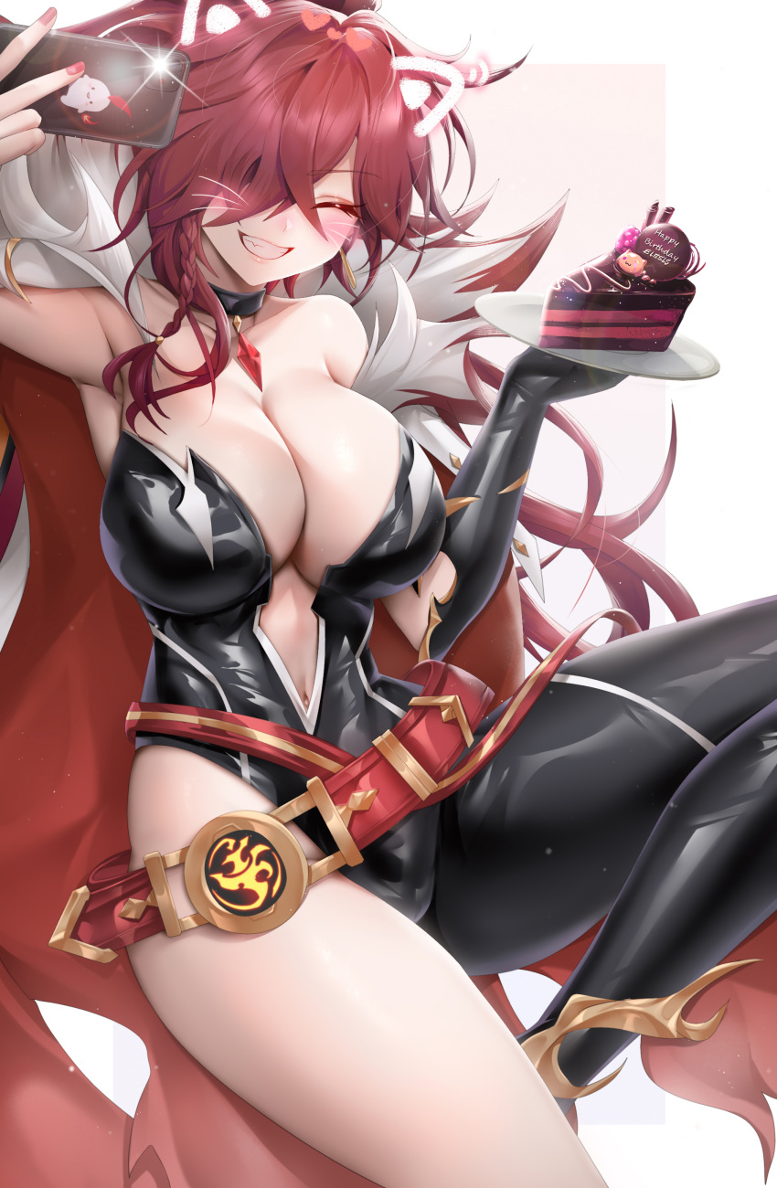 absurdres alternate_costume animal_ears asymmetrical_legwear bare_shoulders belt black_choker black_leotard black_pants braid breasts cake cake_slice cellphone center_opening character_name choker closed_eyes collarbone elesis_(elsword) elsword face_filter fake_animal_ears female food gem gloves highres holding holding_phone holding_plate large_breasts latex latex_gloves latex_leotard leotard long_hair pants phone plate red_belt red_gemstone red_hair rourou_(been) single_glove smartphone smile solo taking_picture very_long_hair