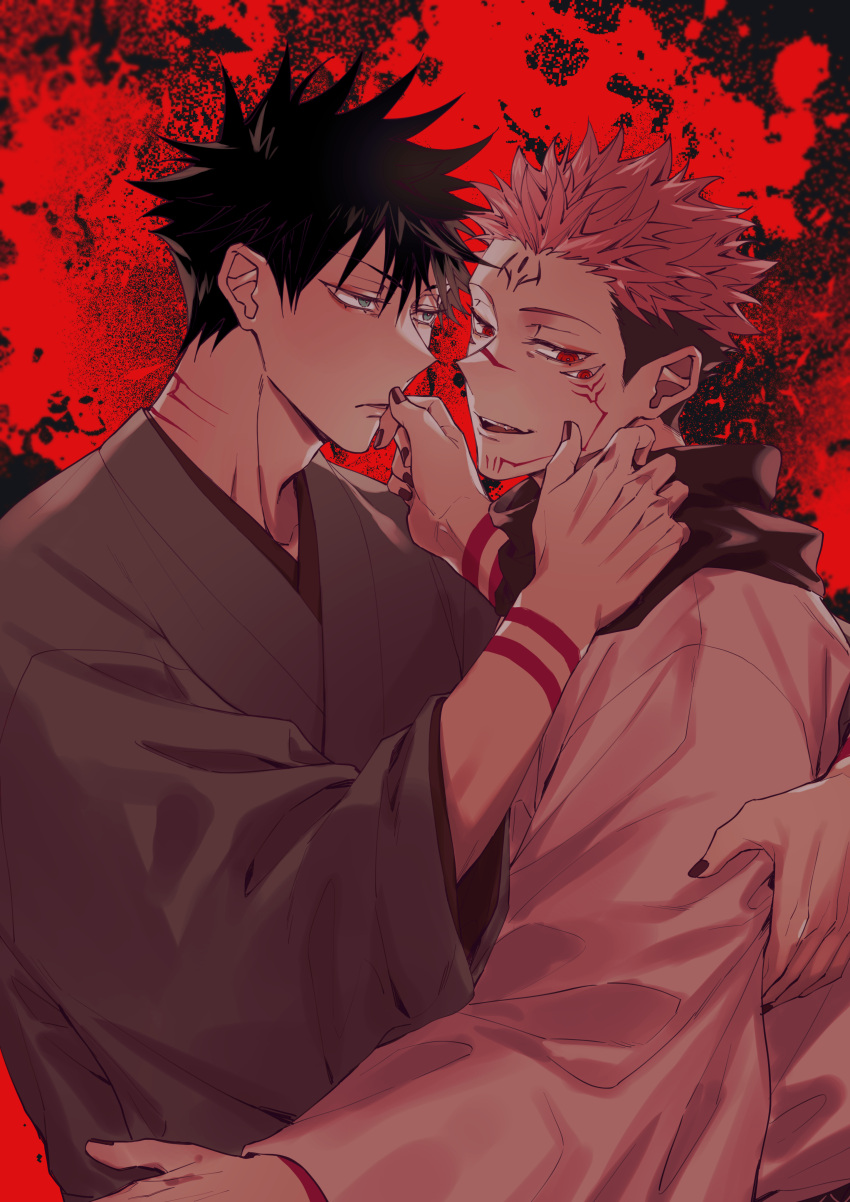 2boys absurdres arm_tattoo azukiharuta_ju black_hair black_nails black_scarf commentary_request extra_eyes facial_tattoo fushiguro_megumi green_eyes hand_on_another's_face highres japanese_clothes jujutsu_kaisen kimono long_sleeves looking_at_another male_focus multiple_boys pink_hair red_background red_eyes ryoumen_sukuna_(jujutsu_kaisen) scarf short_hair smirk spiked_hair tattoo teeth undercut white_kimono wide_sleeves yaoi