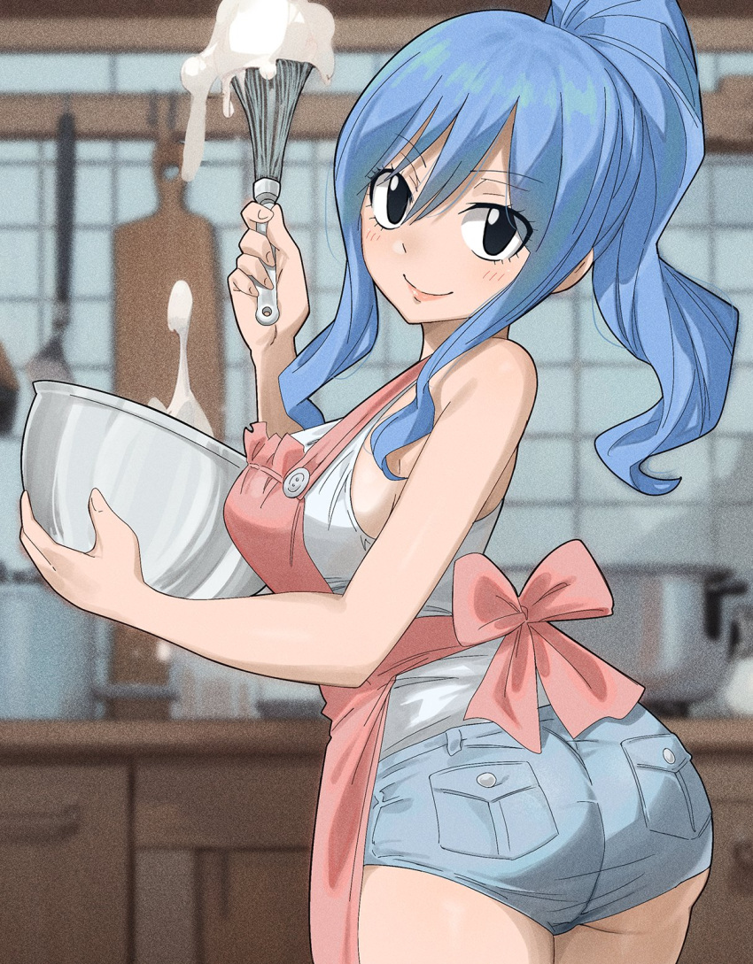 ass blue_hair cooking fairy_tail female gaston18 highres juvia_lockser looking_at_viewer ponytail short_shorts shorts smile solo tagme