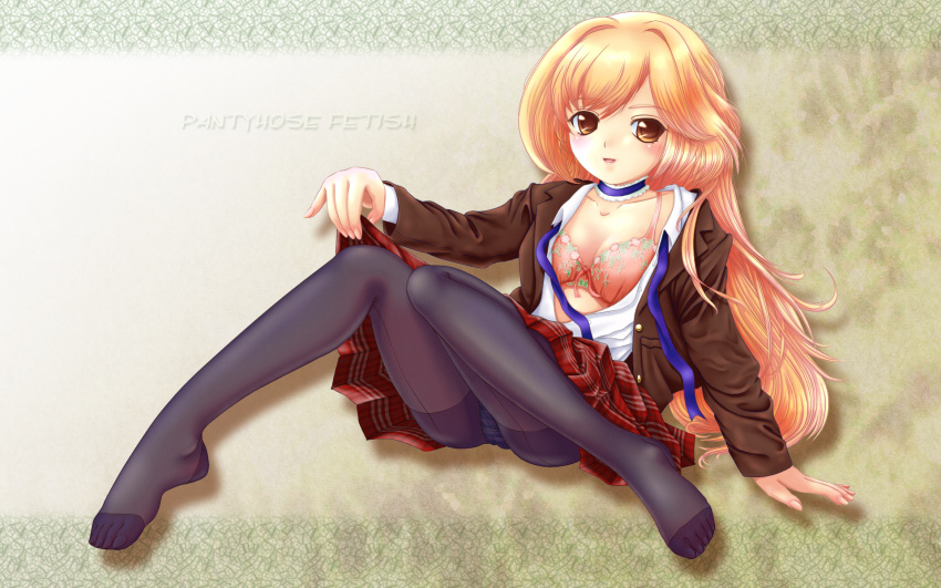 blonde_hair bra comma feet highres lingerie long_hair pantyhose plaid sitting skirt underwear yellow_eyes