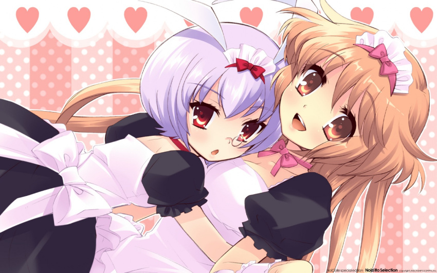 alice_parade animal_ears apron blush bunny_ears glasses happy heart hug itou_noiji long_hair maid miori_(alice_parade) multiple_girls orange_eyes orange_hair purple_hair red_eyes ribbon short_hair silk_(alice_parade) smile