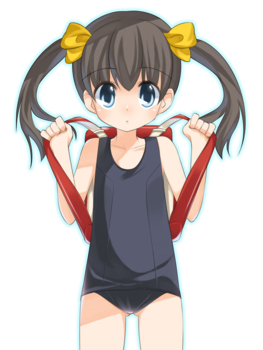 backpack bag black_school_swimsuit blue_eyes brown_hair highres lolicon one-piece_swimsuit original randoseru school_swimsuit shouji_ayumu solo swimsuit twintails