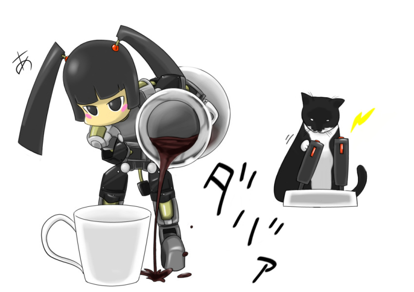 blush coffee controller cup feline hina joystick minigirl robot straw_(yokubou_hiroba) twintails