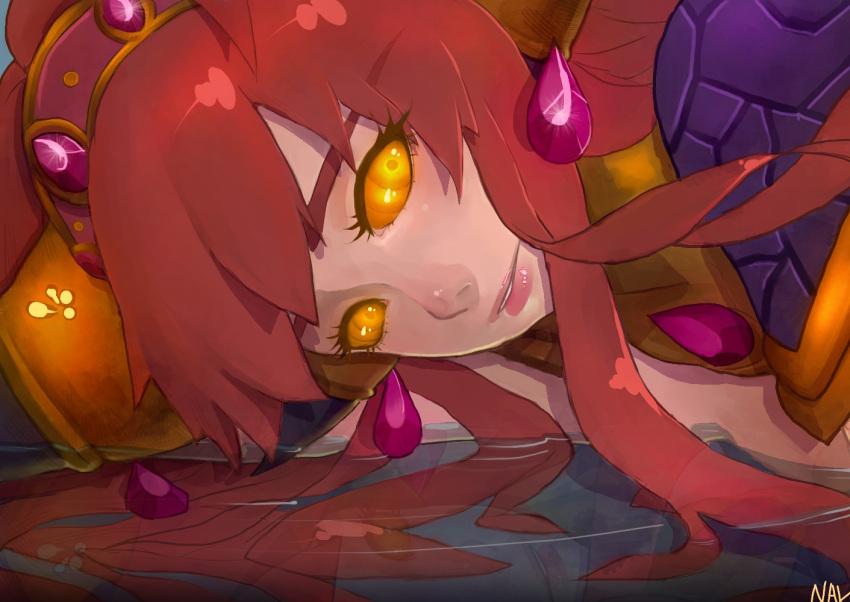 alexstrasza armor artist_request close-up face glowing_eyes horns long_hair looking_back nal_(nal's_pudding) orange_eyes red_hair red_hair sad warcraft world_of_warcraft