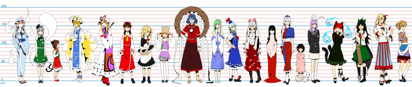 absurdres animal_ears arm_warmers banned_artist barefoot black_hair blazer blonde_hair blue_hair blush braid brown_hair bunny bunny_ears cat_ears cat_tail chen detached_sleeves earrings eyes fan fox_tail frog fugi_jis fujiwara_no_mokou geta ghost green_eyes green_hair hair_ribbon hairband hakurei_reimu hat height_chart highres horn hoshiguma_yuugi houraisan_kaguya inaba_tewi jacket jewelry kaenbyou_rin kamishirasawa_keine kirisame_marisa kochiya_sanae konpaku_youmu konpaku_youmu_(ghost) lineup long_hair long_image mizuhashi_parsee moriya_suwako multiple_girls multiple_tails necktie pink_hair pleated_skirt pointy_ears purple_eyes purple_hair red_eyes red_hair reisen_udongein_inaba reiuji_utsuho ribbon rope saigyouji_yuyuko sandals scarf see-through short_hair silver_hair skirt snake suspenders tabi tail thighhighs touhou twin_braids twintails wide_image wings witch_hat yagokoro_eirin yakumo_ran yakumo_yukari yasaka_kanako