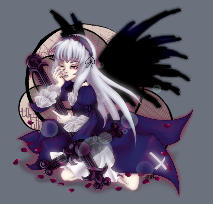 anti-christ gothic_lolita highres jennis233 lolita lolita_fashion rozen_maiden silver_hair suigintou wings